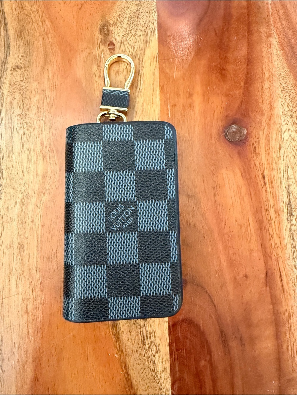 Inspired Damier Graphite Key Pouch with Gold Hardware